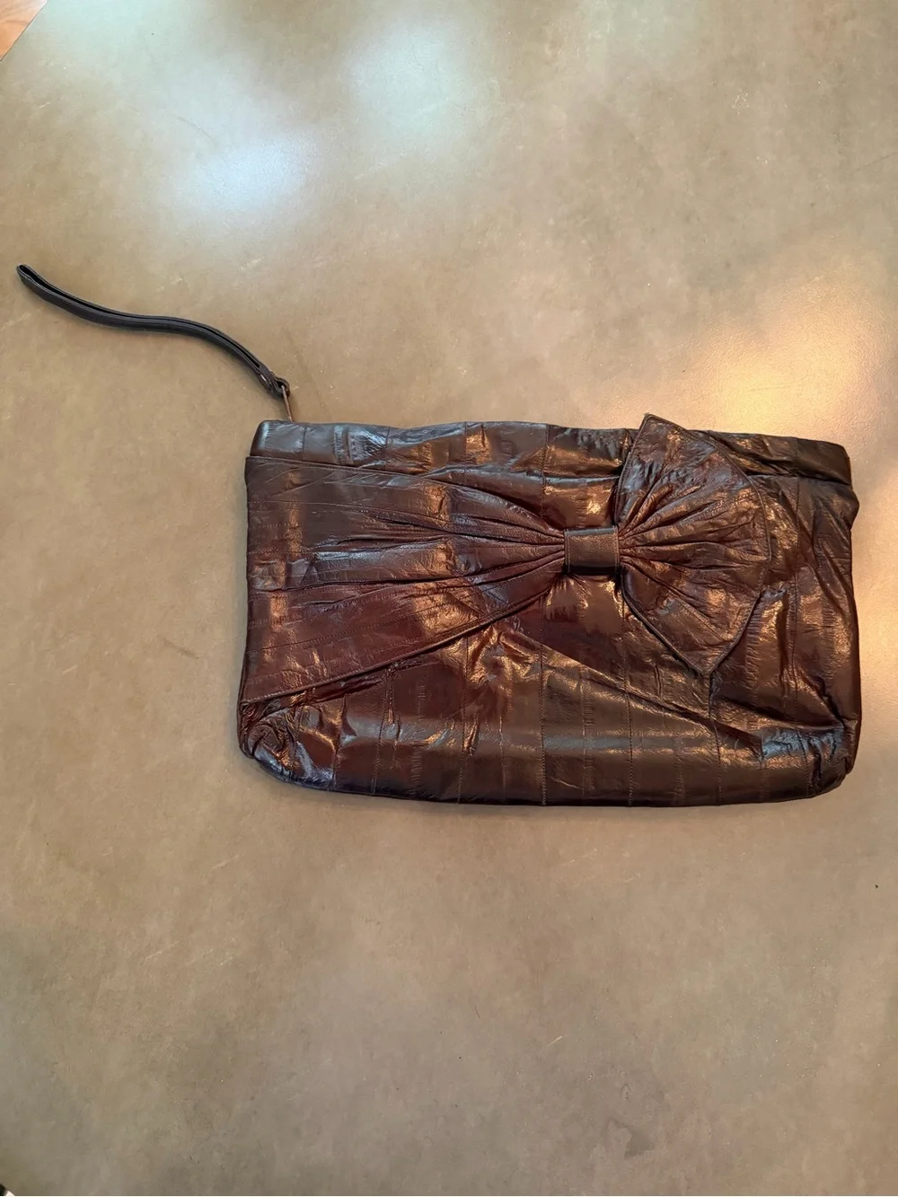 Vintage Eel Skin Leather Bow Clutch Brown Wristlet Purse 80s